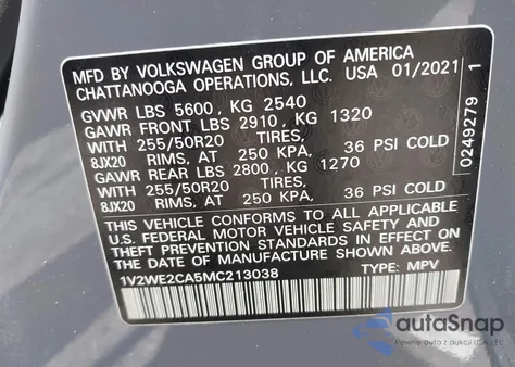 2021 Volkswagen Atlas Cross Sport 3.6L V6 Se W/Technology z USA, uszkodzony, nr VIN 1V2WE2CA5MC213038